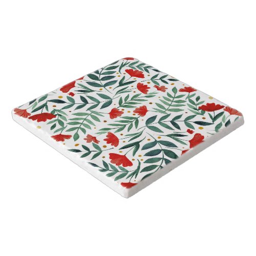 Magical garden watercolor flowers in red and gree trivet