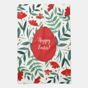 Magical garden watercolor flowers in red and green kitchen towel