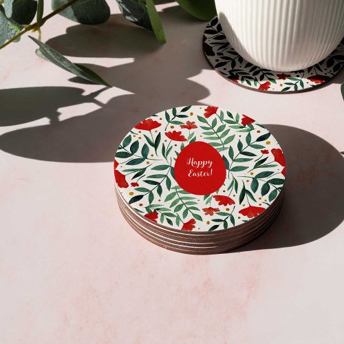 Magical garden watercolor flowers in red and green round paper coaster