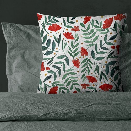 Magical garden watercolor flowers in red and green throw pillow