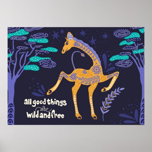 Magical Giraffe Folk Art Poster