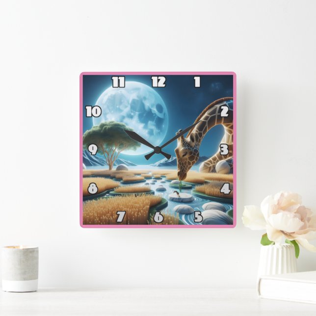 Magical giraffe under a glowing moon square wall clock (Home)