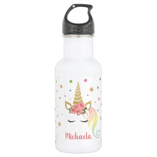 Magical Girly Unicorn & Stars Personalized Stainless Steel Water Bottle