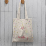 Magical Girly Unicorn & Stars Personalized Tote Bag<br><div class="desc">Add a touch of magic to your little girls life with this beautiful unicorn tote bag. Featuring a background of colorful stars,  a magical unicorn with gold glitter and pink flowers and your child's name.</div>