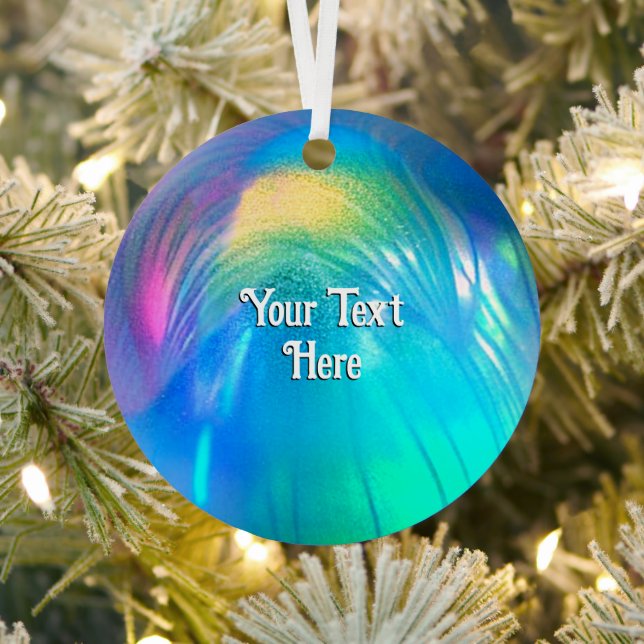 Magical Glass Orb in peacock shades optional text Metal Ornament (Insitu)
