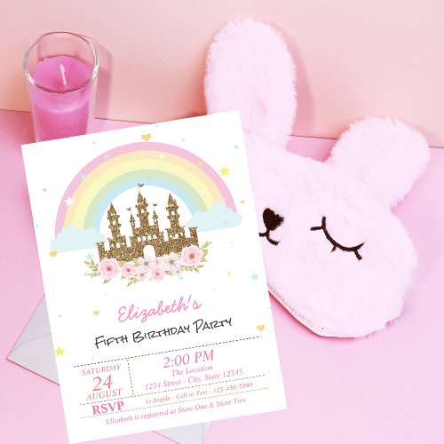 Magical Glitter Castle Floral Rainbow Birthday  Invitation