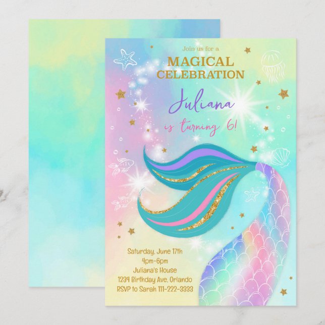 Magical Glitter Colorful Mermaid Birthday Invite (Front/Back)