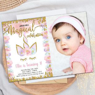 Magical Glitter Unicorn Birthday with photo Invitation
