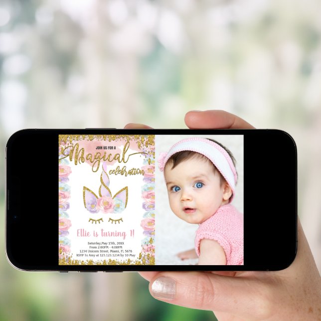 Magical Glitter Unicorn Birthday with photo Invitation (Front Digital)