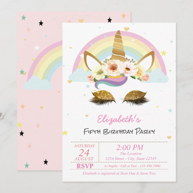 Magical Glitter Unicorn Floral Rainbow Birthday Invitation (Front/Back)