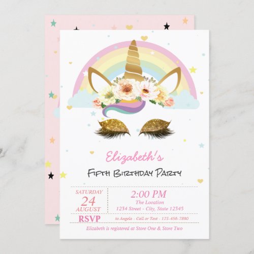 Magical Glitter Unicorn Floral Rainbow Birthday Invitation