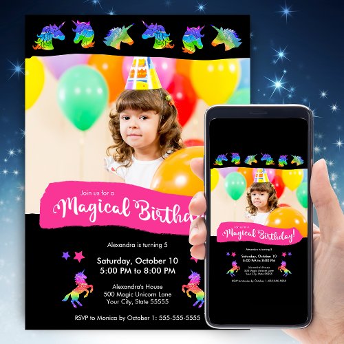 Magical Glitter Unicorn Photo Birthday Party Invitation