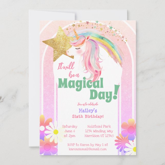 Magical Glitter Unicorn Sixth Birthday Invitation (Front)