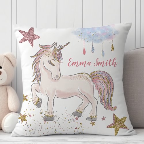 Magical Glitter Unicorn Stars Monogram Name Throw Pillow