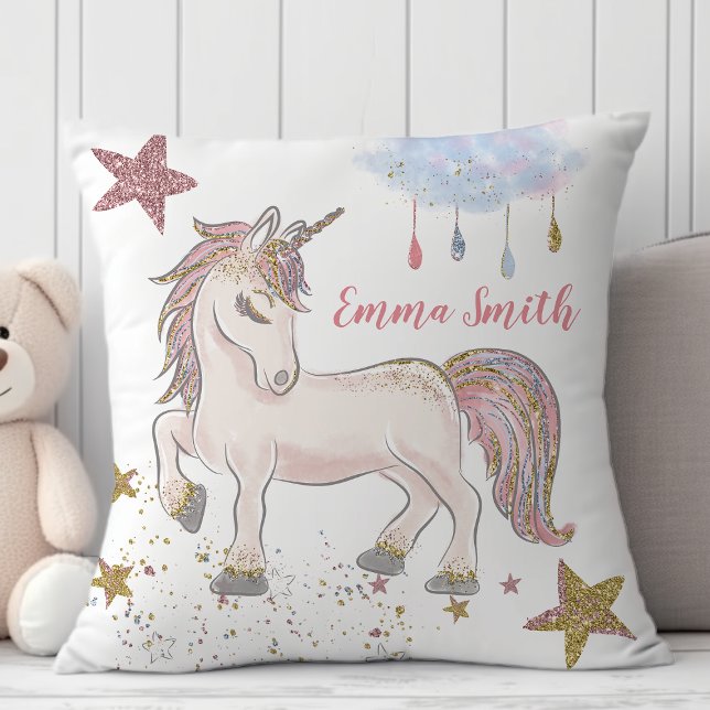 Magical Glitter Unicorn Stars Monogram Name Throw Pillow (Creator Uploaded)