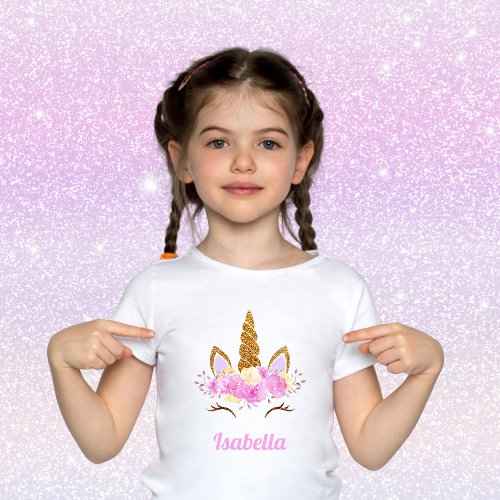 Magical Glittered Floral Unicorn Personalized  T_Shirt