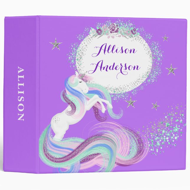 Magical Glittery Stars Unicorn School 3 Ring Binder (Front/Spine)