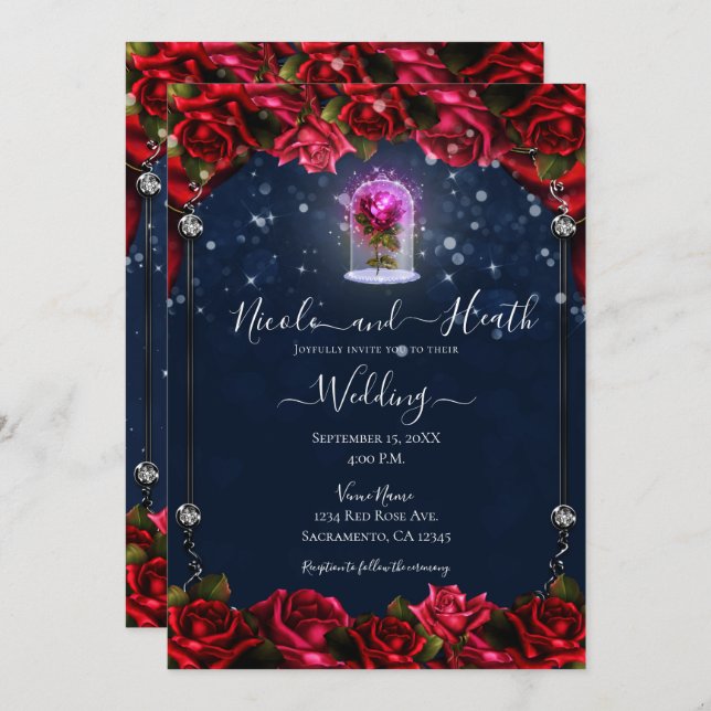 Magical Glow Red Rose Silver Navy Blue Wedding  Invitation (Front/Back)
