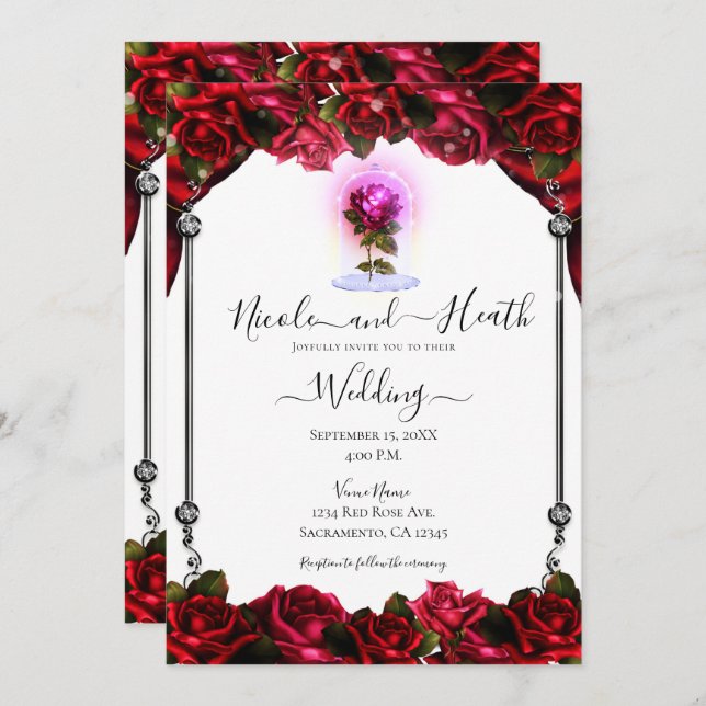 Magical Glow Red Rose Silver White Wedding  Invitation (Front/Back)