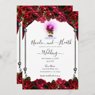 Magical Glow Red Rose Silver White Wedding Invitation
