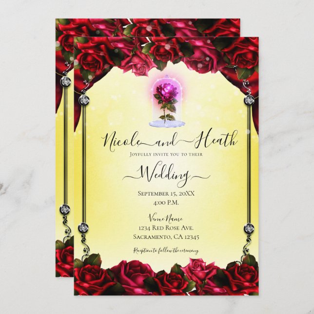Magical Glow Red Rose Silver Yellow Wedding Invitation (Front/Back)