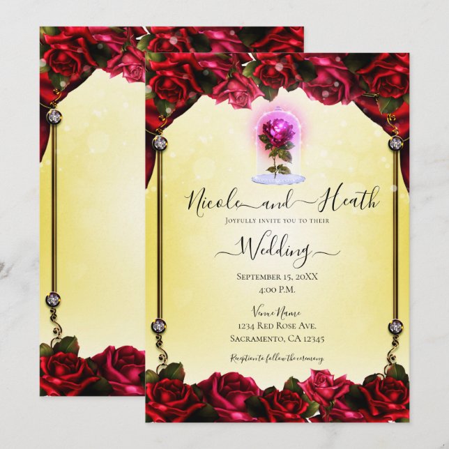 Magical Glow Red Rose Yellow Gold Sparkle Wedding  Invitation (Front/Back)
