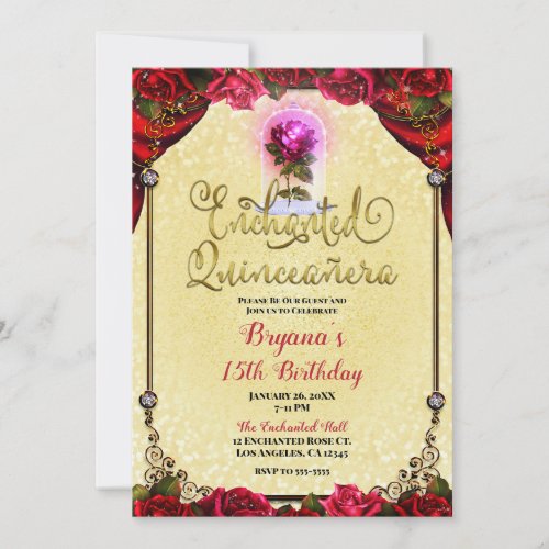  Magical Glow Rose Yellow Gold Quinceaera 15th  Invitation