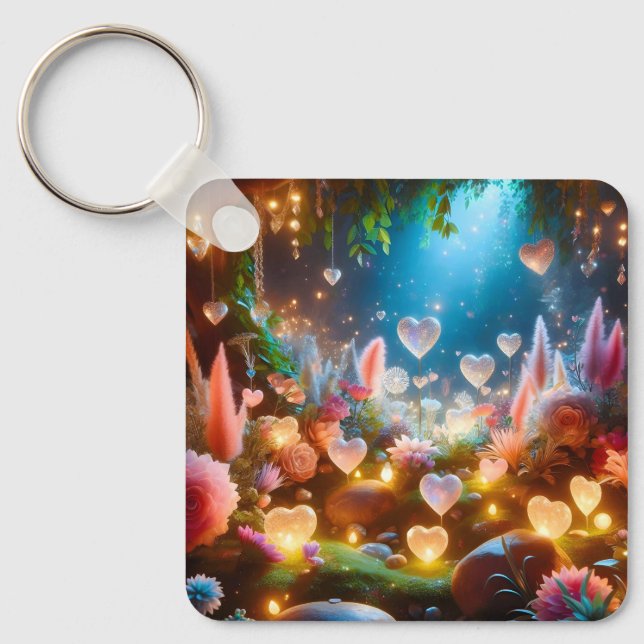 Magical Glowing Flowers Heart Garden  Keychain (Front)