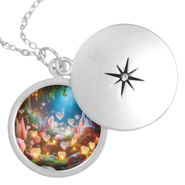 Magical Glowing Flowers Heart Garden  Locket Necklace (Front)