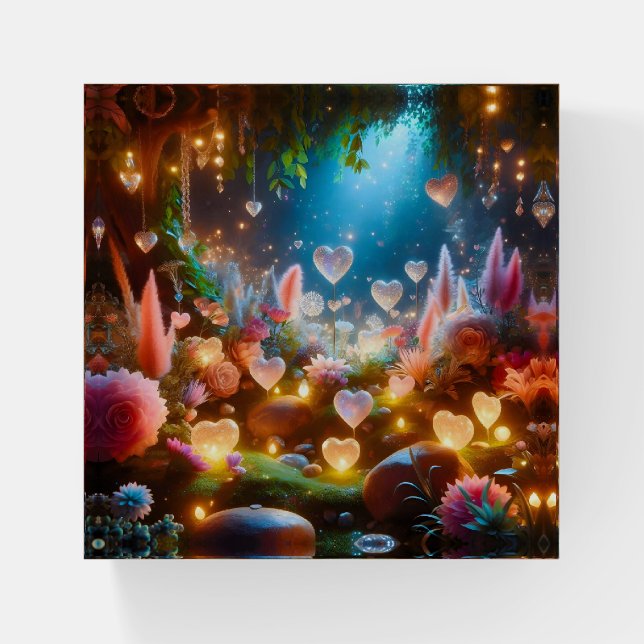 Magical Glowing Flowers Heart Garden  Paperweight (Front)