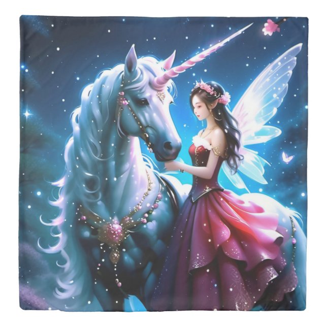 Magical Glowing Unicorn and Rose Fairy Queen Duvet Cover (Front)