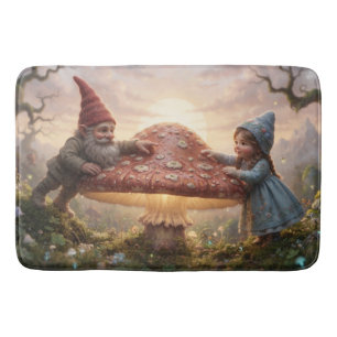Magical Gnome And Girl In Forest With Mushroom Bath Mat
