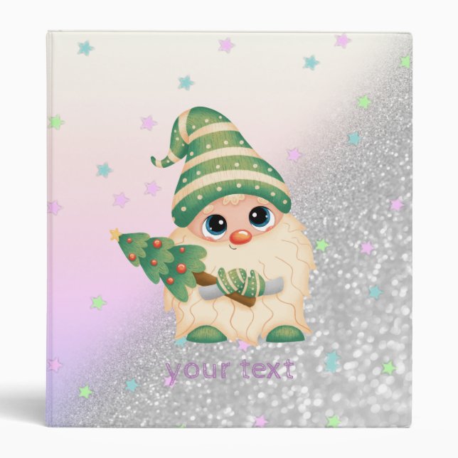 Magical Gnome, Stars, Silver Glitter Bokeh 3 Ring Binder (Front)