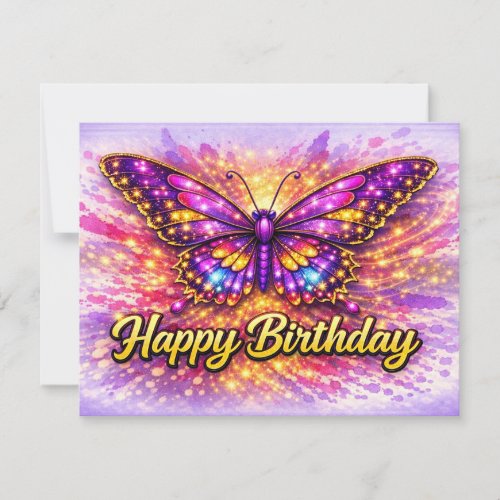 Magical Gold and Purple Happy Birthday Butterfly Holiday Card