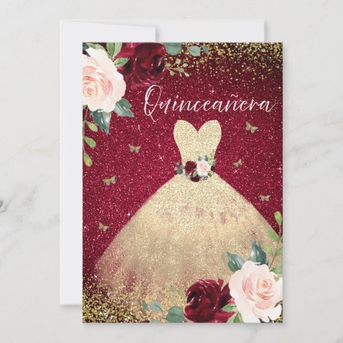 Magical Gold Dress Burgundy Red Floral Quinceanera Invitation