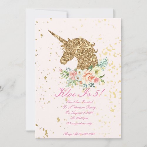 MAGICAL GOLD FLORAL UNICORN PARTY INVITATION