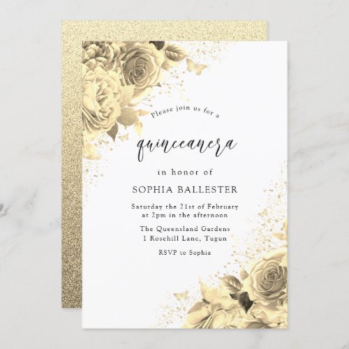 Magical Gold Flowers Glitter Quinceanera Party Invitation
