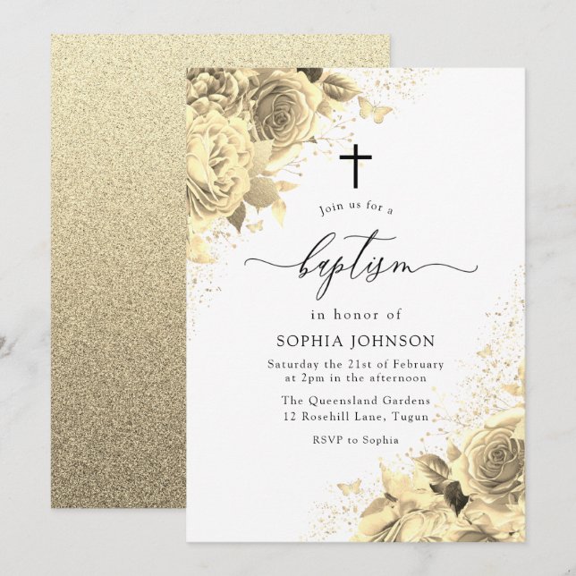 Magical Gold Flowers with Glitter Baptism Invitation (Front/Back)