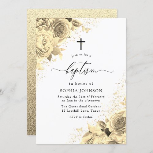 Magical Gold Flowers with Glitter Baptism Invitation