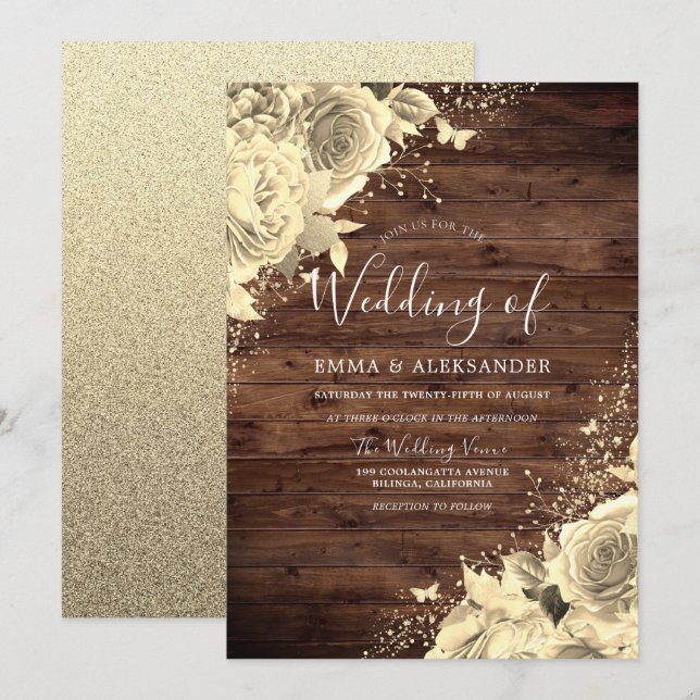 Magical Gold Flowers with Glitter Rustic Wedding Invitation (Front/Back)