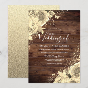 Magical Gold Flowers with Glitter Rustic Wedding Invitation