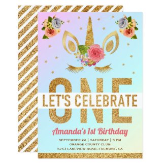 Magical Gold Glitter Unicorn 1st Birthday Party Invitation