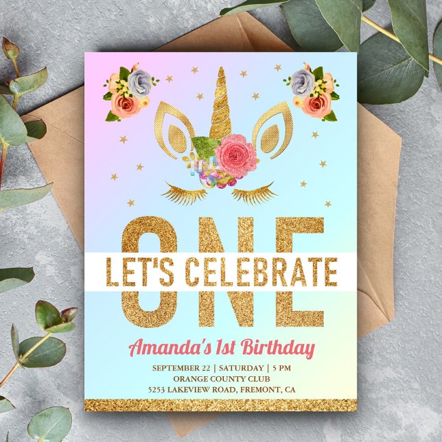 Magical Gold Glitter Unicorn 1st Birthday Party Invitation Postcard (Creator Uploaded)