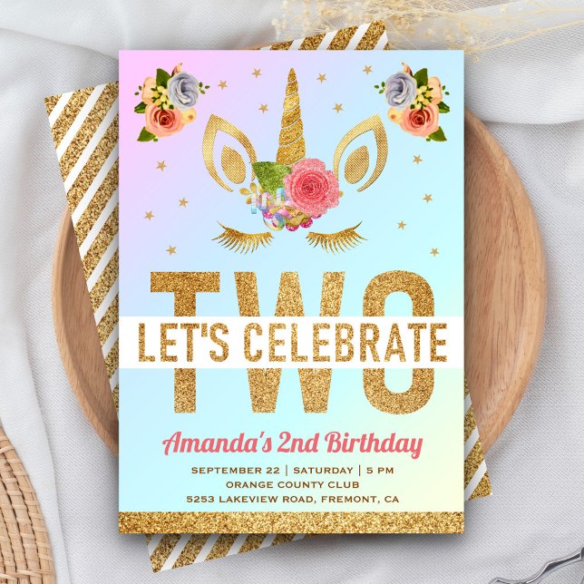 Magical Gold Glitter Unicorn 2nd Birthday Party Invitation (Creator Uploaded)