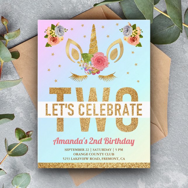 Magical Gold Glitter Unicorn 2nd Birthday Party Invitation Postcard (Creator Uploaded)