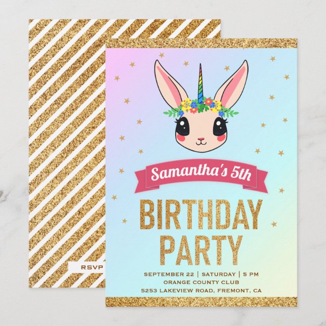 Magical Gold Glitter Unicorn Bunny Birthday Invitation (Front/Back)
