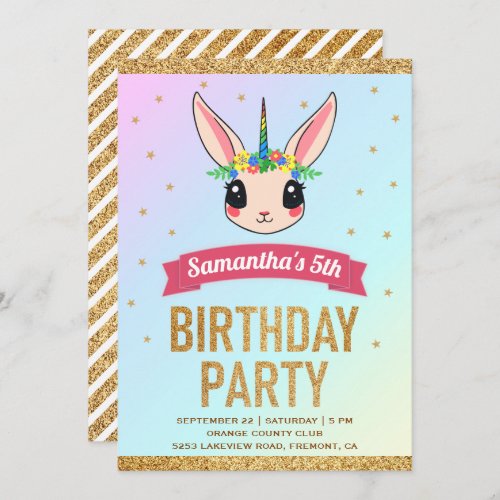 Magical Gold Glitter Unicorn Bunny Birthday Invitation