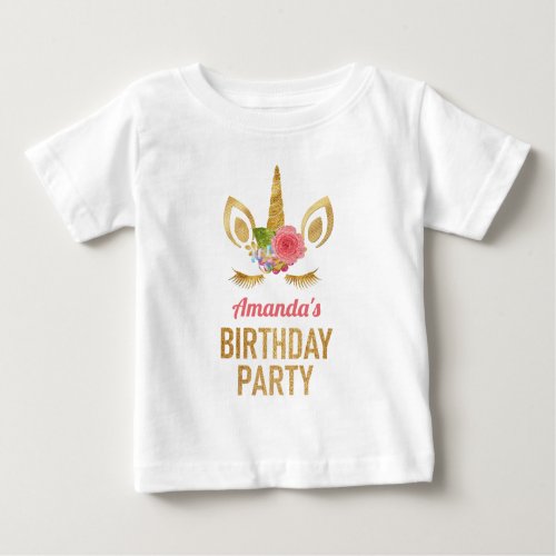 Magical Gold Glitter Unicorn Face Birthday Party Baby T_Shirt