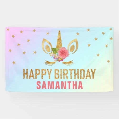 Magical Gold Glitter Unicorn Face Birthday Party Banner