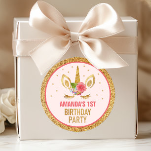 Magical Gold Glitter Unicorn Face Birthday Party Classic Round Sticker